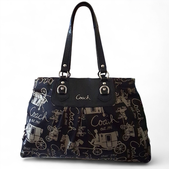 Coach Peyton Graphic Horse & Carriage Black Satchel Bag - Picture 1 of 13
